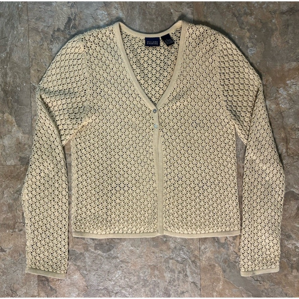 Hillard & Hanson Open Knit Cardigan Sweater L Beig Crochet Lace Button Front Y2K